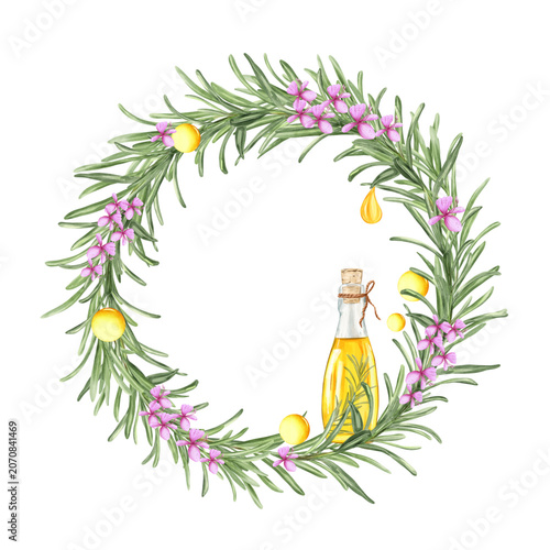 Watercolor Rosemary Frame with Rosemary branches, Flowers, essential oil bottle , oil Drops, Copy Space, Hand drawn botanical Illustration 
