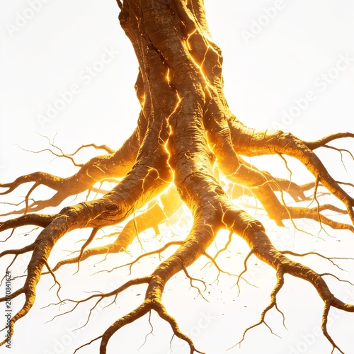 Ancient Tree Roots Glowing With Golden Energy Against White Background