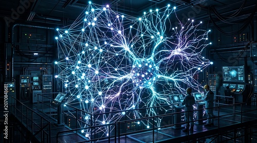 Artificial intelligence network core futuristic data center with neural network visualization