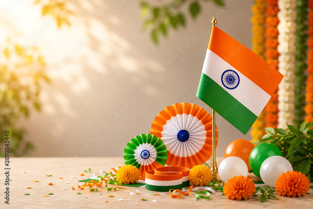 Naklejka premium Indian independence day celebration with flag decorations and floral garland