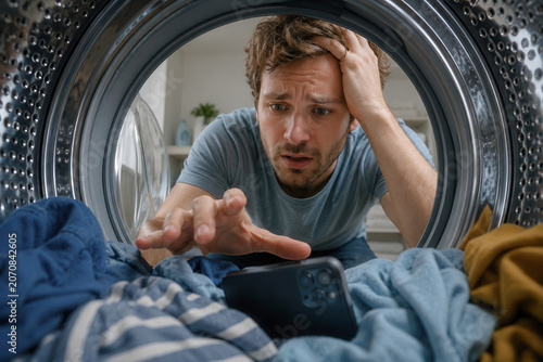 A man stands at the front of a washing machine with a worried look on his face. He is trying to grab his phone that fell into the laundry while clothes are spinning.