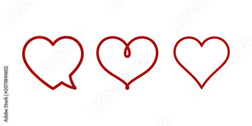 Set of unique heart shape outline icons in red color isolated on white background for love designs.