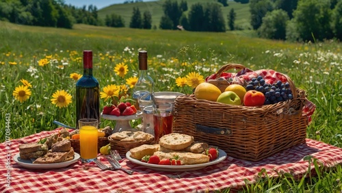 Picnic in a sunny field with food and drinks on a checkered tablecloth surrounded by flowers and green hills in the background