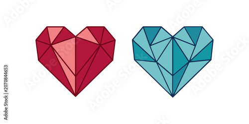 Two polygonal heart shapes in red and blue shades, minimalist geometric design for love and romance.