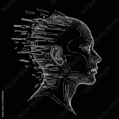 Abstract human head dissolving into digital fragments on black background.