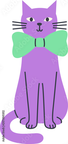 Cute Purple Cat with Green Bow Tie Illustration, Minimalist Vector Pet Character Isolated