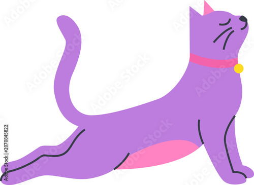 Cute Purple Cat Stretching in Yoga Upward Dog Pose Vector Illustration