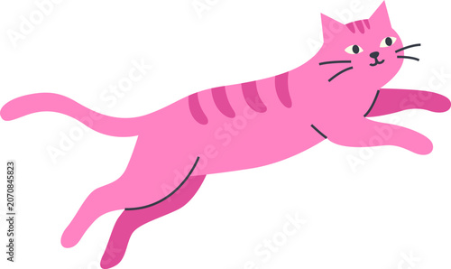 Cute Jumping Pink Cat Vector Illustration Isolated on White