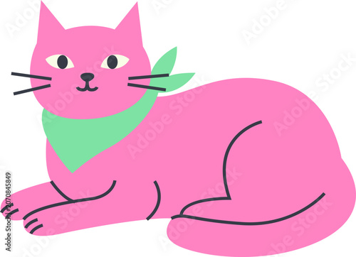Cute Pink Cartoon Cat Illustration Wearing Green Bandana Isolated on White