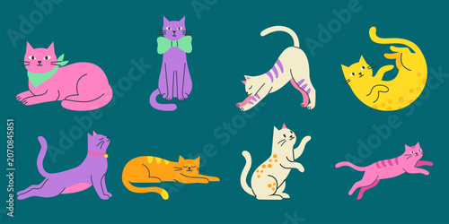 Cute Colorful Cartoon Cats Collection in Various Poses Vector Illustration