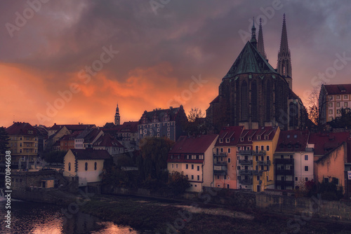 Sunset panorama of the historic center of Görlitz from the Polish city of Zgorzelec.