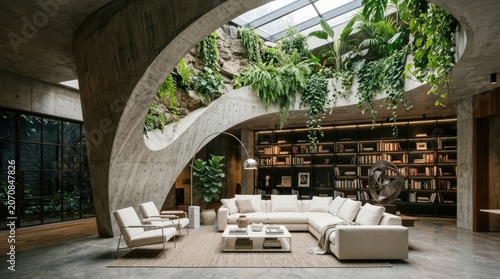 Brutalist concrete living area with lush indoor garden.