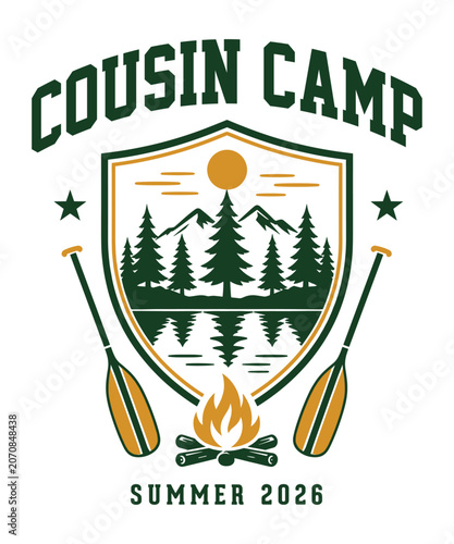 фотографія Cousin Camp Summer 2026 Shield Badge Camping T-Shirt Design