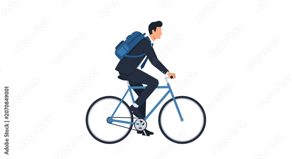 Fototapeta premium Businessman in Suit Riding Bicycle with Backpack, Urban Commute and Eco-Friendly Transport Concept, Flat Vector Illustration Isolated on White Background
