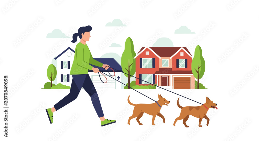 Fototapeta premium Woman Walking Two Dogs in Suburban Neighborhood Illustration - Professional Dog Walker and Pet Care Service Concept in Flat Vector Design