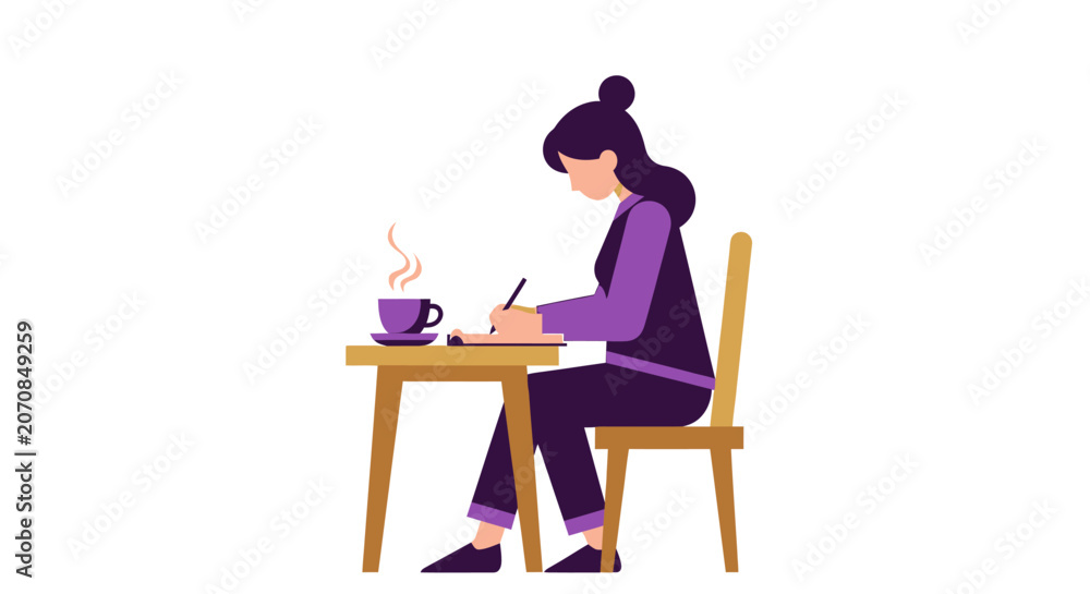 Fototapeta premium Woman Writing in Notebook at Desk with Coffee Flat Vector Illustration
