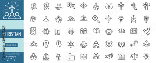 Fotografie Christian religious faith church holy bible  line icons set jesus cross prayer h