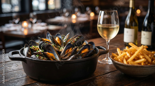 Delicious moules frites with french fries and white wine being served in a restaurant. Detailed commercial food photography beautifully captured in a crisp 8K resolution.