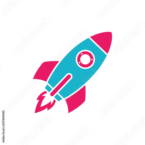 Fotografija Retro rocket ship blasting off with fiery exhaust against white background simpl