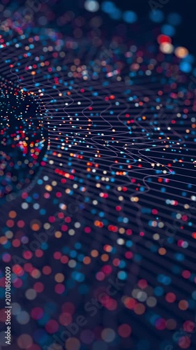 Round big data visualization with AI processing, quantum computing and futuristic information flow, seamless 3D loop. Vertical video.