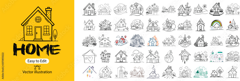 Naklejka premium Set of home and real estate hand drawn doodle icons with architecture building property residential homeowner construction collection business structure interior creative minimalist
