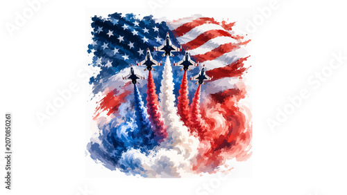 Tableau sur toile Patriotic American flag watercolor illustration, military fighter jets air show