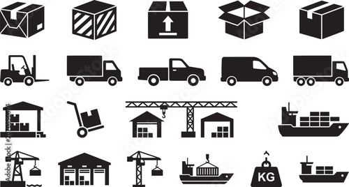 Logistics and Freight Transportation Icon Collection Featuring Warehousing Shipping Cargo Handling and Supply Chain Operations