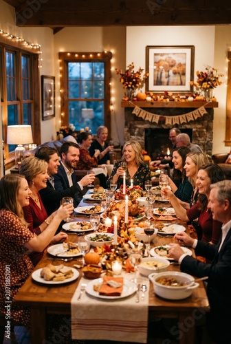 People Gather and Enjoy a Meal Around a Table in a Decorated Room During a Fe...