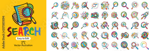 Diverse collection of search and discovery magnifier vector icons with magnifier discovery research analysis interface collection creative illustration business technology colorful