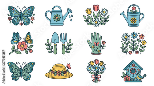 Foto Spring Themed Social Media Graphic with Floral Stickers and Vintage Butterfly Mo