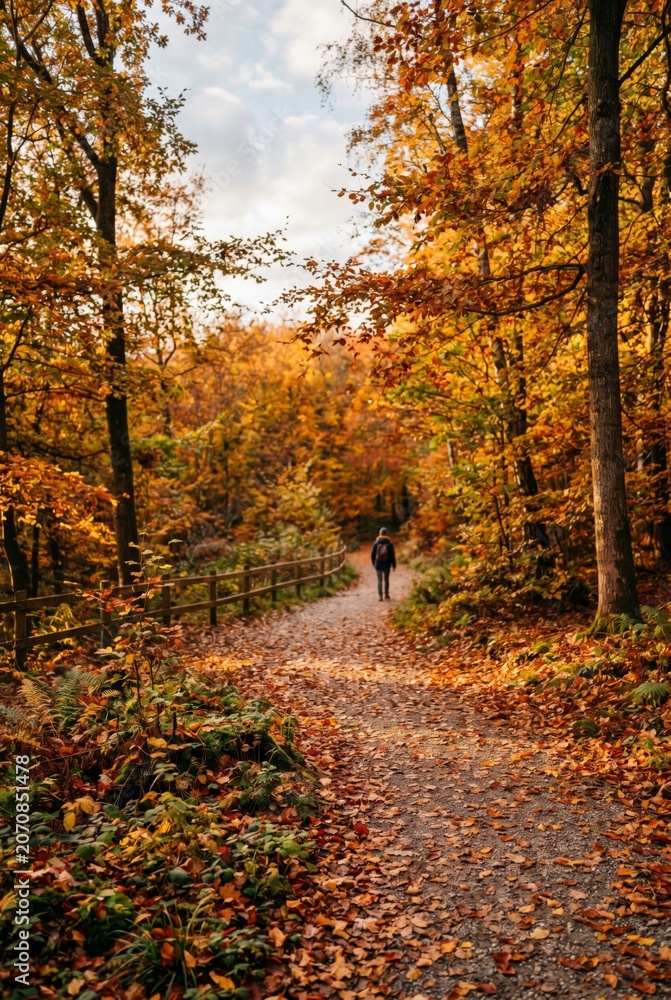 Fototapeta premium Hiking on a Forest Path During Autumn With Colorful Leaves in the Background