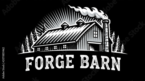 Vintage woodcut style logo badge of a forge barn with a smoking chimney and pine trees on a black background created with Generative AI Technology, ai, generative