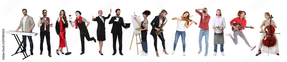 Fototapeta premium People of different artistic occupations, collection of portraits on white background. Choosing profession