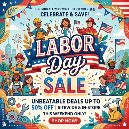 Labor Day Sale Offers Discounts and Celebrations With Diverse Workers and Activities in September 2026