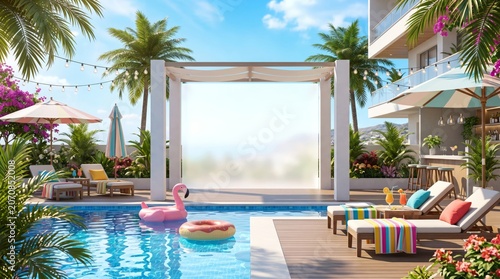 Bright Poolside Scene With Lounge Chairs and Colorful Decorations in a Resort...