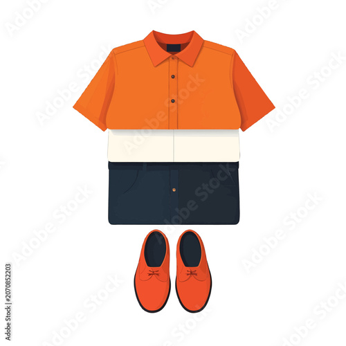Folded clothing and shoes arranged in a stack