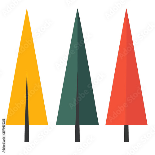 Three stylized trees in autumnal colors stand against a white background