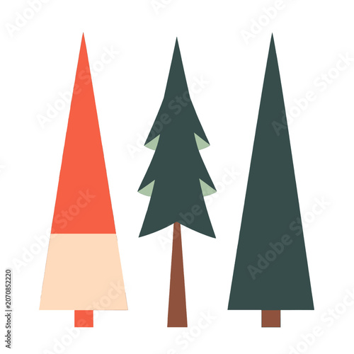 Three stylized evergreen trees in a row on a white background