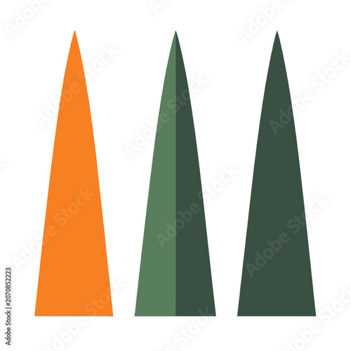Three abstract geometric shapes in varying shades of green and orange