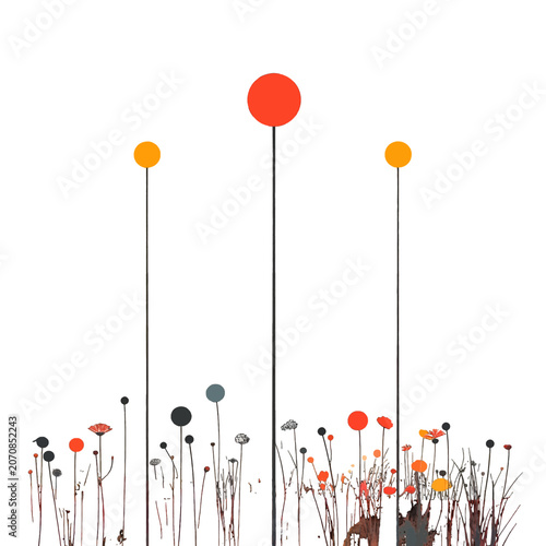 Abstract floral arrangement with colorful spheres on thin stems