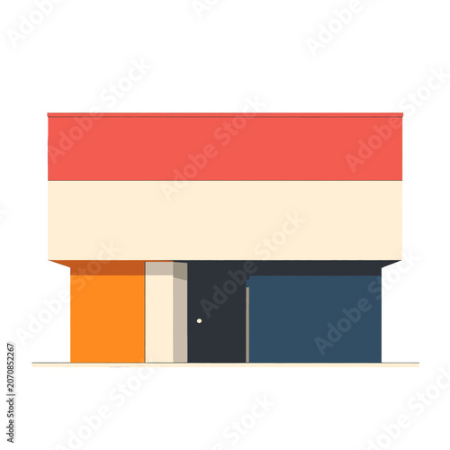 A modern building facade with colorful geometric shapes and shadows