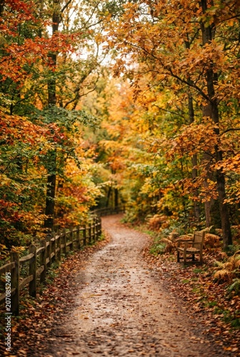 Path Through the Woods With Orange and Yellow Leaves in the Fall During the A...