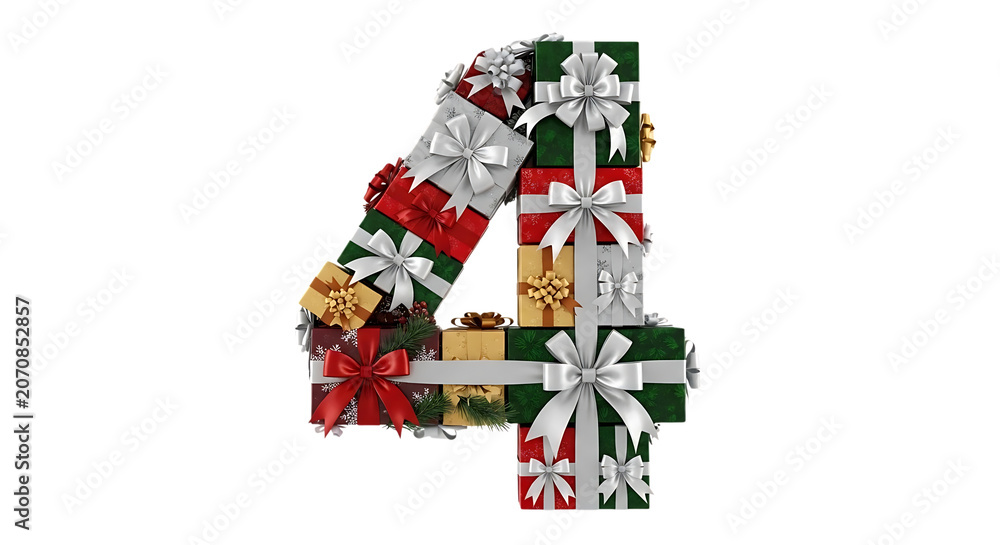 Obraz premium Number Four, Christmas Gift Wrapping, Presents Number 4, Holiday Decor isolated on Transparent Background