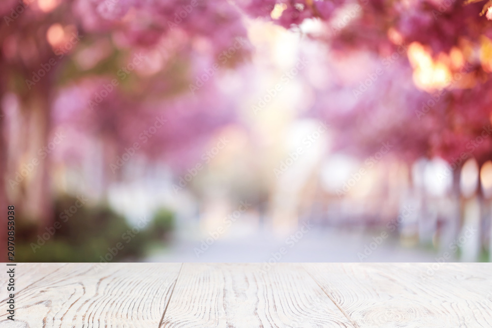 Fototapeta premium Empty table against blurred alley with blooming spring trees, bokeh effect. Space for design