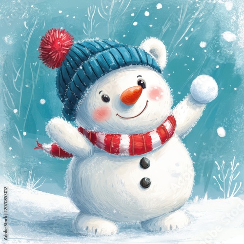 Cute snowman with hat and scarf holding snowball winter illustration
