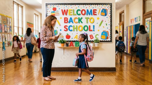 Students and Teachers Greet Each Other in School Hallway During Back to Schoo...