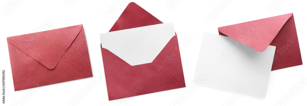 Fototapeta premium Red paper envelope isolated on white, set. Top view