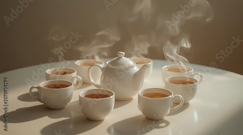 Peaceful Hot Tea Scene with Clean White Cups and Minimal Interior Style