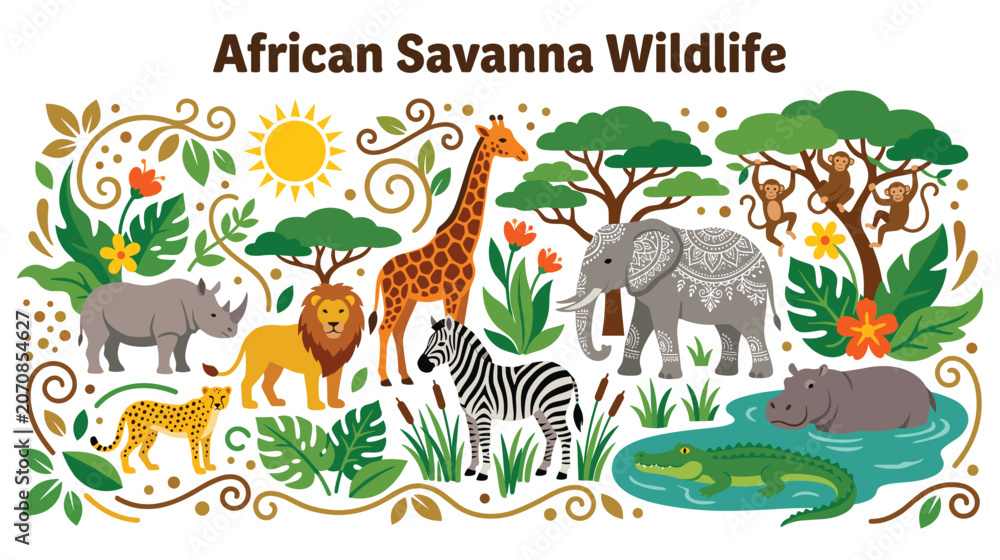 Obraz premium African savanna wildlife collection with jungle animals.