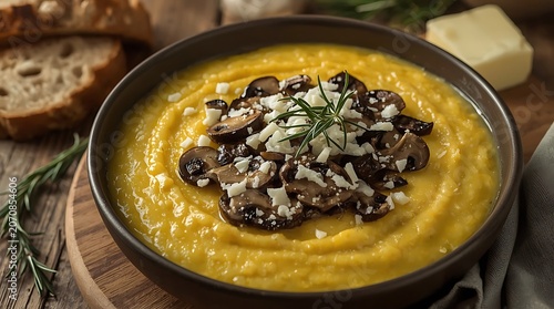 Creamy Porcini Mushroom Polenta with Grated Cheese and Fresh Rosemary on Rustic Table